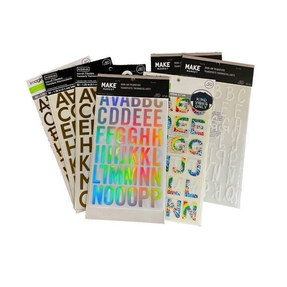 Iron-on Letters Transfers Bundle Tie-Dye Gold Holographic White Decals (7 Total) - Picture 1 of 9
